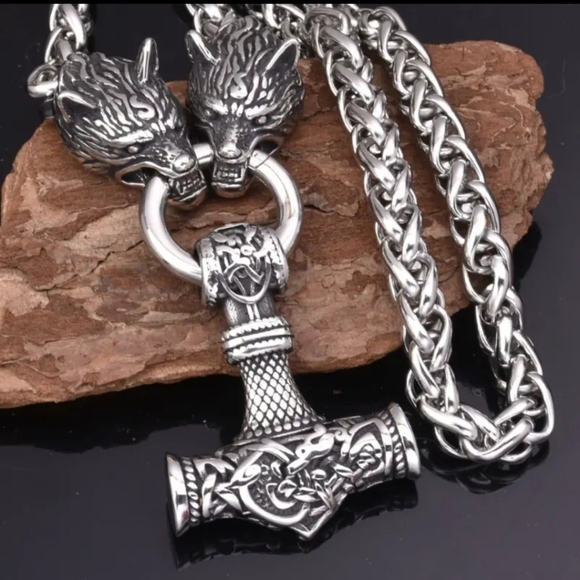 Wolf Head Mjolnir Thor Hammer Pendant Steel Necklace Viking Celtic Norse - Picture 5 of 5